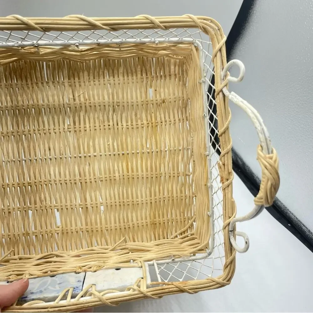 Vintage Three Piece Rectangle Woven Basket With Blue Porcelain Tile Accents